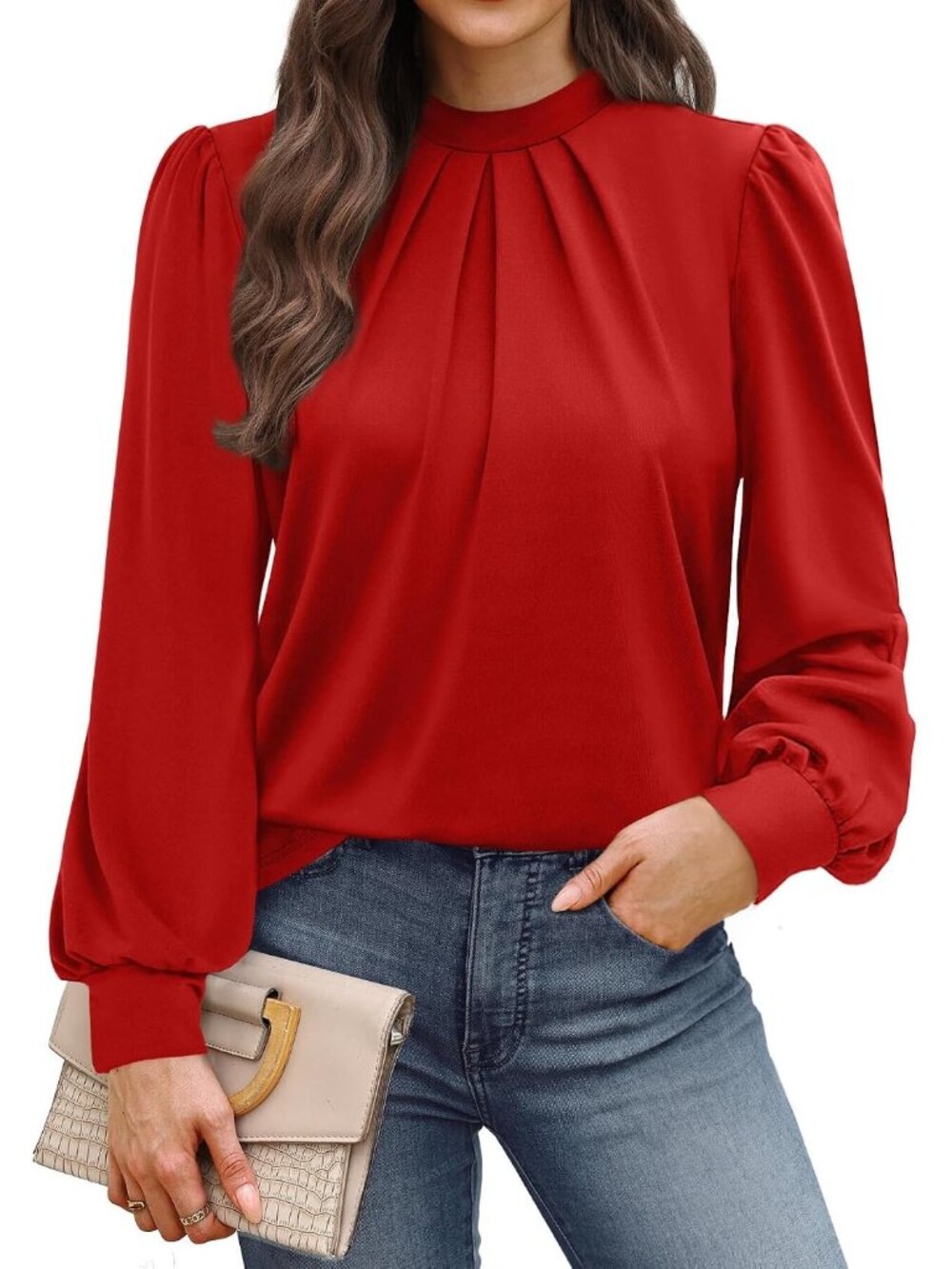 👗 Women's Red Long Sleeve Shirts Pleated Front Blouses Dressy Mock Neck Tops